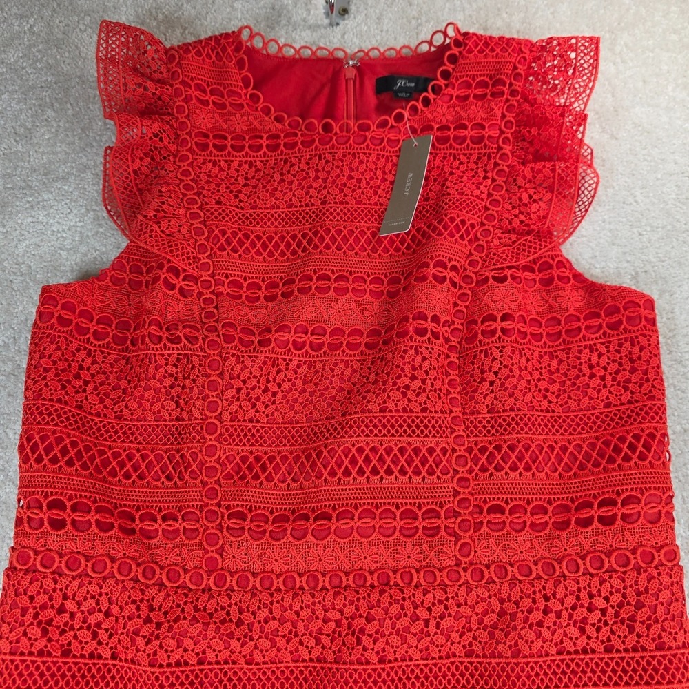 J. Crew Guipure Lace Mini‎ Dress Womens 4 Red Lined Sleeveless Ruffle Hem NWT